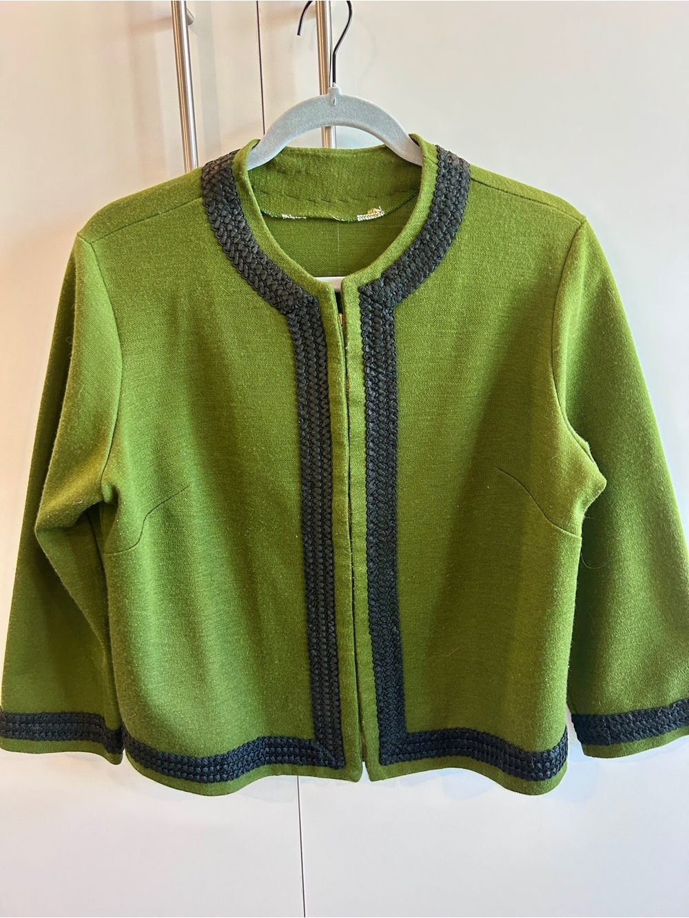 Vintage Green Wool Blend Cropped Zippered Jacket with Black Trim
